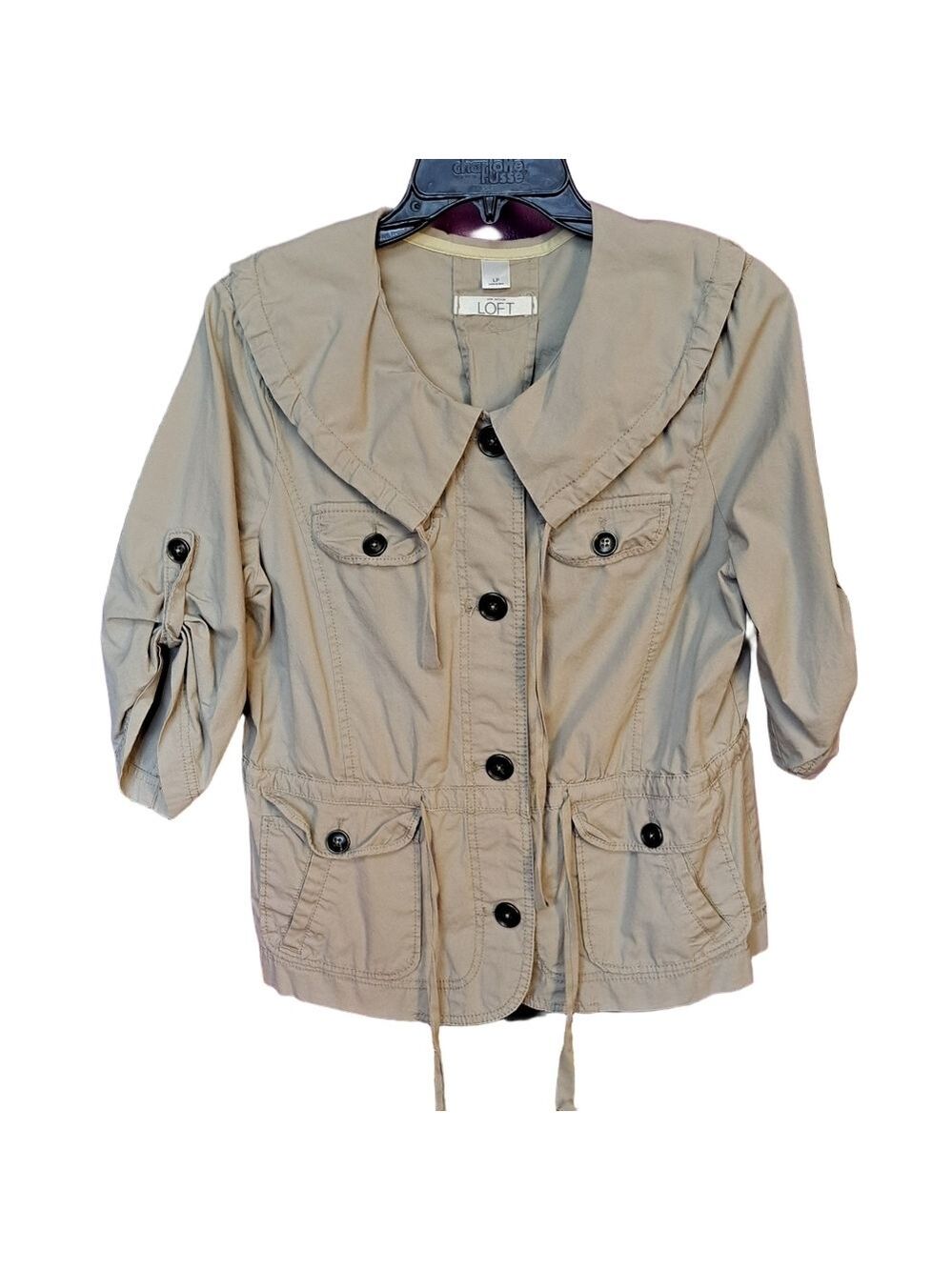 Stylish Tan Button-Up Jacket. Roll Up Sleeves. Multiple Draw Strings. L/P